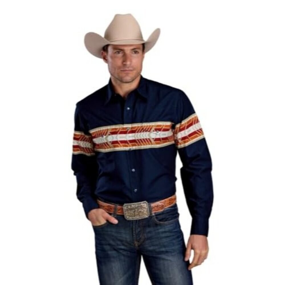 Roper Men's 2XL Long Sleeve Aztec Border Print Snap Western Shirt Navy Blue